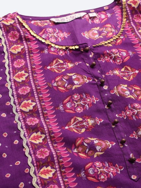 Women Purple & Pink Pure Cotton Screen Printed Straight Kurta